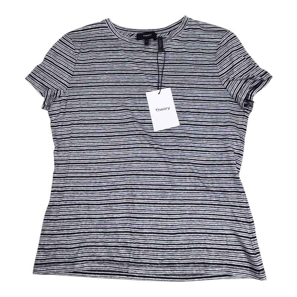 Theory Tiny Tee 2 Strip Linen Top, White and Deep Navy Blue, Size S